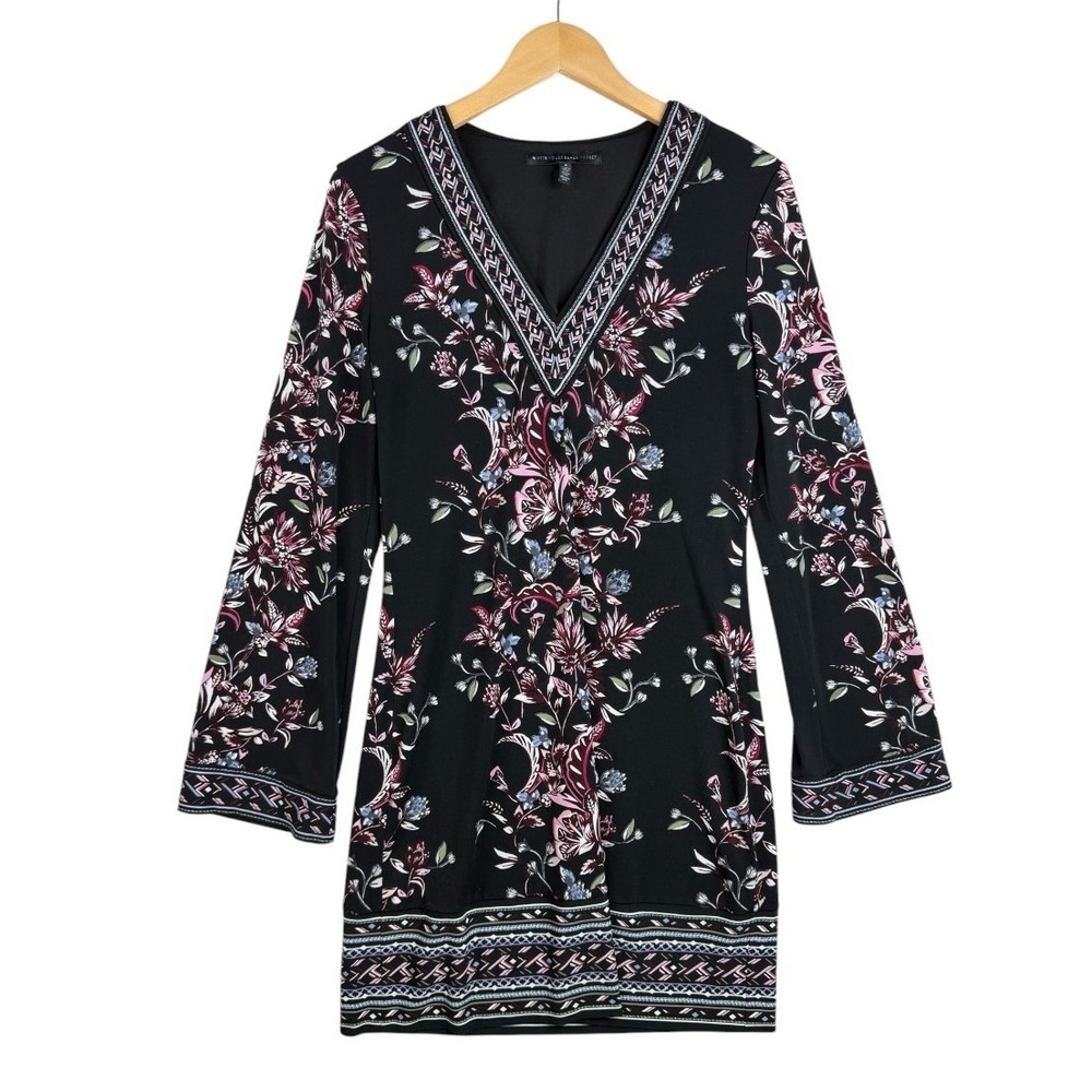 White House Black Market Womens Dress V Neck Floral Long Bell Sleeves Sz Small